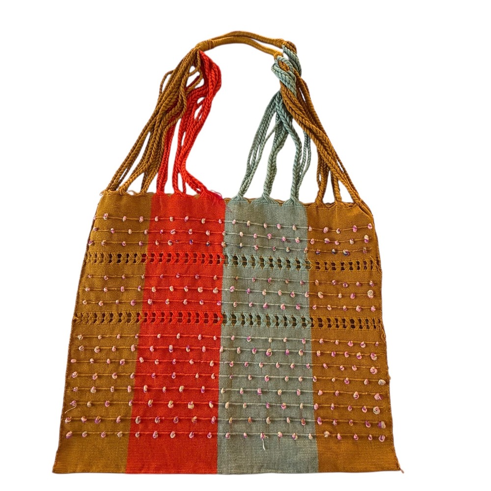 Tote Bag Women Multicolor Boho Striped Pom Pom‎ Handcrafted